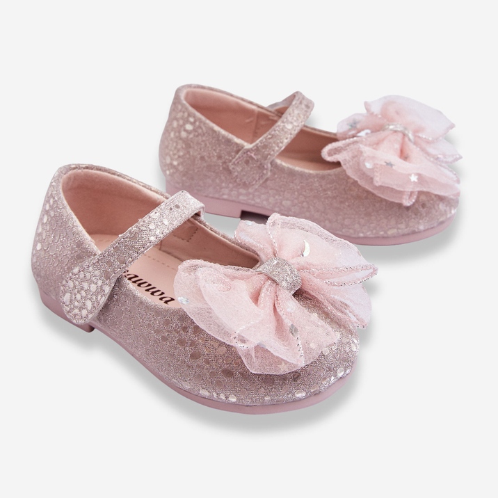 Kinder-Ballerinas mit Schleife und glitzerndem Klettverschluss in Silber-Rosa Elisa 2