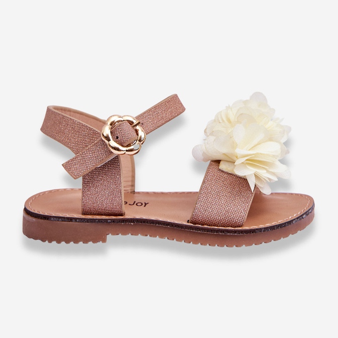 Modische Kindersandalen mit beige-goldenen Polyblumen 1