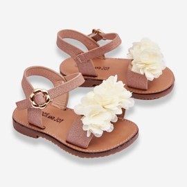 Modische Kindersandalen mit beige-goldenen Polyblumen 2