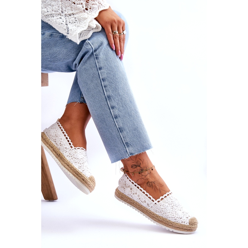 FE1 Espadrilles zum Hineinschlüpfen aus Spitze in Weiß Blanco 4