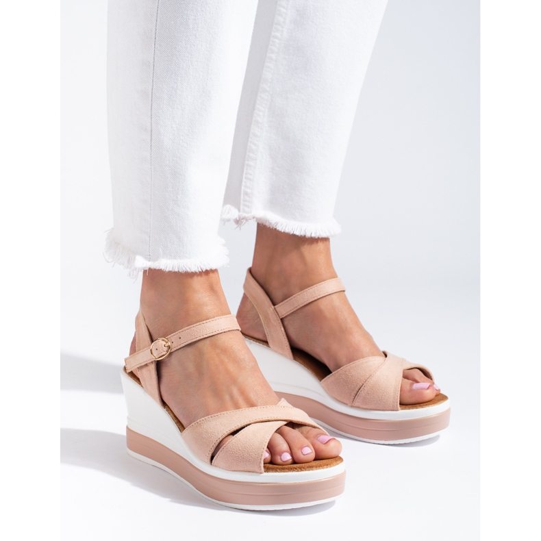 Damen-Sandalen mit Keilabsatz aus rosafarbenem Wildleder Shelovet 2