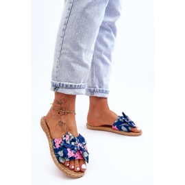 FK1 Damenhausschuhe mit Stoffschleife, marineblaue Blüte 1