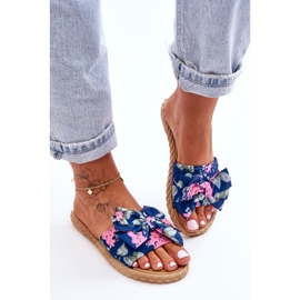 FK1 Damenhausschuhe mit Stoffschleife, marineblaue Blüte 2